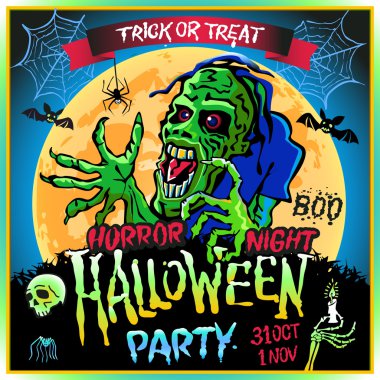 Bir dolunay, Cadılar Bayramı partisinde konulu resim arka plan üzerinde zombi sinsice yaklaşır. 31 Ekim - 1 Kasım. Korku gecesi. Hediye ver yoksa karışmam. kafatası, mum, örümcek, yarasalar. Boo. Web.