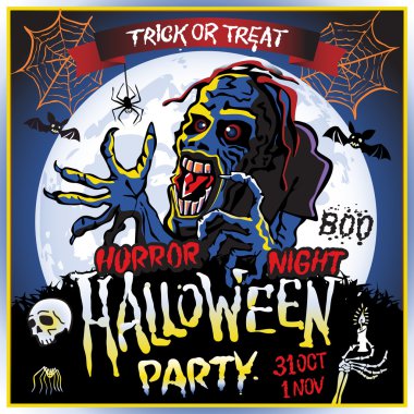 Bir dolunay, Cadılar Bayramı partisinde konulu resim arka plan üzerinde zombi sinsice yaklaşır. 31 Ekim - 1 Kasım. Korku gecesi. Hediye ver yoksa karışmam. kafatası, mum, örümcek, yarasalar. Boo. Web.