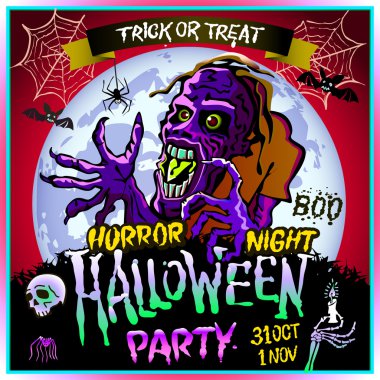 Bir dolunay, Cadılar Bayramı partisinde konulu resim arka plan üzerinde zombi sinsice yaklaşır. 31 Ekim - 1 Kasım. Korku gecesi. Hediye ver yoksa karışmam. kafatası, mum, örümcek, yarasalar. Boo. Web.