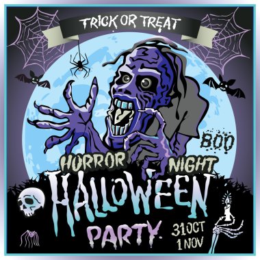 Bir dolunay, Cadılar Bayramı partisinde konulu resim arka plan üzerinde zombi sinsice yaklaşır. 31 Ekim - 1 Kasım. Korku gecesi. Hediye ver yoksa karışmam. kafatası, mum, örümcek, yarasalar. Boo. Web.