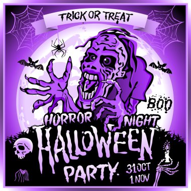 Bir dolunay, Cadılar Bayramı partisinde konulu resim arka plan üzerinde zombi sinsice yaklaşır. 31 Ekim - 1 Kasım. Korku gecesi. Hediye ver yoksa karışmam. kafatası, mum, örümcek, yarasalar. Boo. Web.