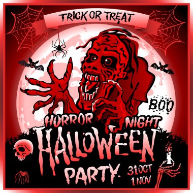 Bir dolunay, Cadılar Bayramı partisinde konulu resim arka plan üzerinde zombi sinsice yaklaşır. 31 Ekim - 1 Kasım. Korku gecesi. Hediye ver yoksa karışmam. kafatası, mum, örümcek, yarasalar. Boo. Web.