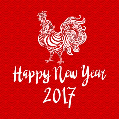 Kızıl afiş izole kırmızı zemin üzerine beyaz horoz. Parmak izi, kapakları, posterler, kartları, hediye tasarım için iyi. Horoz Çin yılı. Mutlu yeni yıl 2017 kartı.