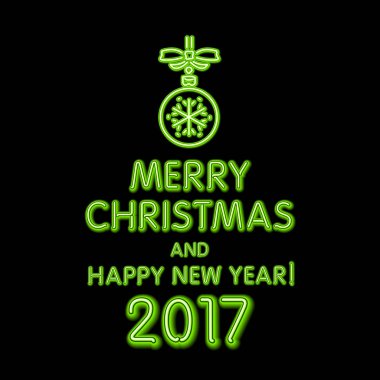 Noel neon tabela. Vektör çizim. oyuncak renk yeşil mutlu Noeller ve mutlu yeni yıl 2017 neon, ışık