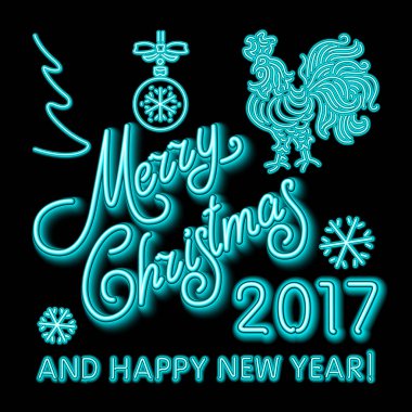 Horoz yeni yıl tebrik kartı tasarım şablonu. 2017 yeni yıl takvim sembolü horoz veya horoz, parlak neon ışık karanlık.