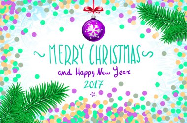 Tablo, bir elle yazılmış kitabe neşeli Noel ve mutlu yeni yıl 2017, Noel ağacı dalı Noel mor top vektör konfeti