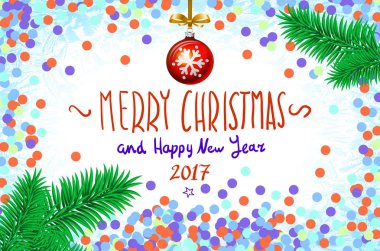 Tablo, bir elle yazılmış kitabe neşeli Noel ve mutlu yeni yıl 2017, Noel ağacı dalı Noel top vektör konfeti