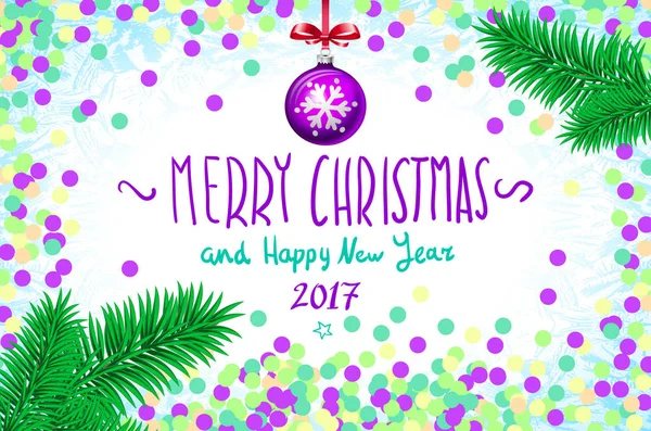 Vector confetti on the table, a hand-written inscription merry christmas and happy new year 2017, christmas tree branch Christmas purple ball — Stock Vector