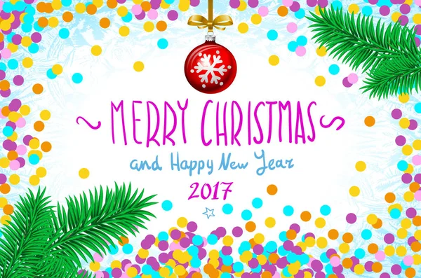 テーブルに、手書き碑文陽気なクリスマスと幸福な新しい年、2017 年のクリスマス ツリー ブランチ赤いクリスマス ボール ベクトル紙吹雪 — ストックベクタ