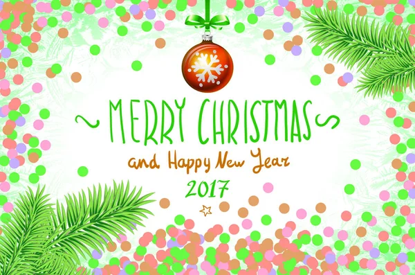 テーブルには手書きの碑文陽気なクリスマスと幸福な新しい年、2017 年クリスマス ツリー ブランチ クリスマス ボール ベクトル紙吹雪 — ストックベクタ