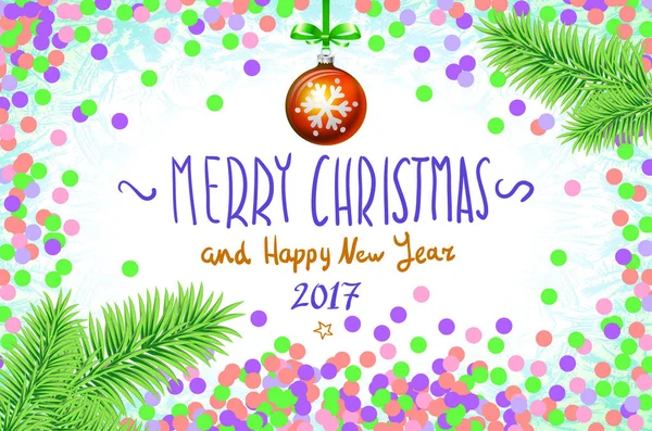 テーブルには手書きの碑文陽気なクリスマスと幸福な新しい年、2017 年クリスマス ツリー ブランチ クリスマス ボール ベクトル紙吹雪 — ストックベクタ