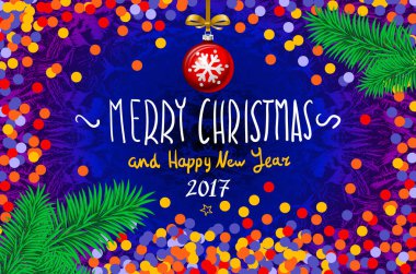 Konfeti ile Noel kartı. Mutlu Noeller ve mutlu yeni yıl 2017, illüstrasyon vektör. konfeti, elle yazılmış kitabe, Noel ağacı dalı Noel kırmızı top