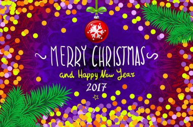 Konfeti ile Noel kartı. Mutlu Noeller ve mutlu yeni yıl 2017, illüstrasyon vektör. konfeti, elle yazılmış kitabe, Noel ağacı dalı Noel top