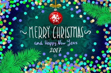 Konfeti ile Noel kartı. Mutlu Noeller ve mutlu yeni yıl 2017, illüstrasyon vektör. konfeti, elle yazılmış kitabe, Noel ağacı dalı Noel top