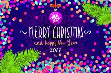 Konfeti ile Noel kartı. Mutlu Noeller ve mutlu yeni yıl 2017, illüstrasyon vektör. konfeti, elle yazılmış kitabe, Noel ağacı dalı Noel top