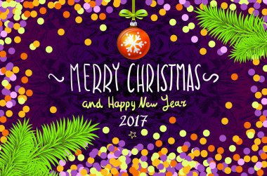 Konfeti ile Noel kartı. Mutlu Noeller ve mutlu yeni yıl 2017, illüstrasyon vektör. konfeti, elle yazılmış kitabe, Noel ağacı dalı Noel top