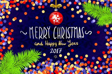Konfeti ile Noel kartı. Mutlu Noeller ve mutlu yeni yıl 2017, illüstrasyon vektör. konfeti, elle yazılmış kitabe, Noel ağacı dalı Noel top