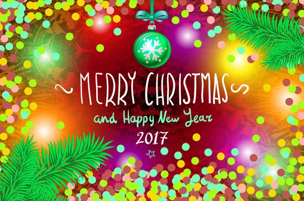 光る色クリスマス ホリデー グリーティング カード デザインのクリスマス ライトの花輪。メリー クリスマスと幸せな新年 2017 ベクトルします。紙吹雪、手書きの碑文、ツリー ブランチ ボール — ストックベクタ