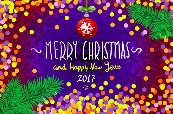 Konfeti ile Noel kartı. Mutlu Noeller ve mutlu yeni yıl 2017, illüstrasyon vektör. konfeti, elle yazılmış kitabe, Noel ağacı dalı Noel top