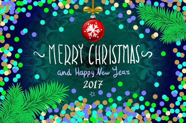 Cartão de Natal com confete. Feliz Natal e Feliz Ano Novo 2017, ilustração vetorial. confete, uma inscrição escrita à mão, árvore de natal ramo bola de Natal —  Vetores de Stock