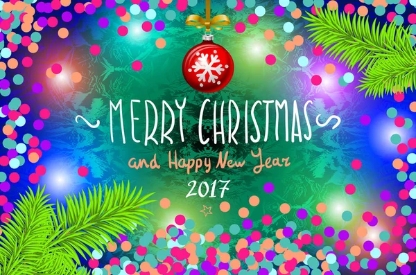 Corona de luces de Navidad de color brillante para el diseño de tarjetas de felicitación navideñas de Navidad. Feliz Navidad y Feliz Año Nuevo 2017, vector. confeti, una inscripción escrita a mano, bola de ramas de árbol — Archivo Imágenes Vectoriales