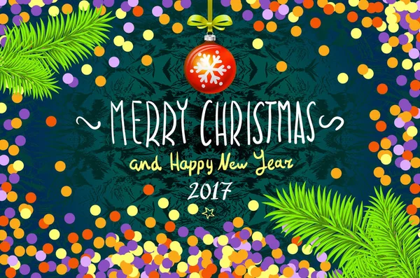 Konfeti ile Noel kartı. Mutlu Noeller ve mutlu yeni yıl 2017, illüstrasyon vektör. konfeti, elle yazılmış kitabe, Noel ağacı dalı Noel top