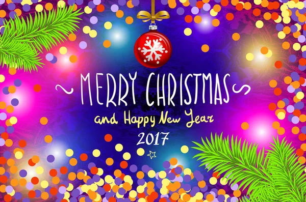 Parlayan renk Noel ışıkları çelenk Xmas tatil tebrik kartları tasarımı için. Neşeli Noel ve mutlu yeni yıl 2017, vektör. konfeti, elle yazılmış kitabe, ağaç dalı top