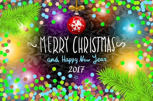 Λαμπερό χρώμα Χριστούγεννα φώτα στεφάνι για χριστουγεννιάτικες διακοπές ευχετήριες κάρτες σχεδιασμό. Καλά Χριστούγεννα και Ευτυχισμένο το νέο έτος 2017, διανυσματικά. κομφετί, χέρι-γραπτή επιγραφή, υποκατάστημα δέντρο μπάλα — Διανυσματικό Αρχείο