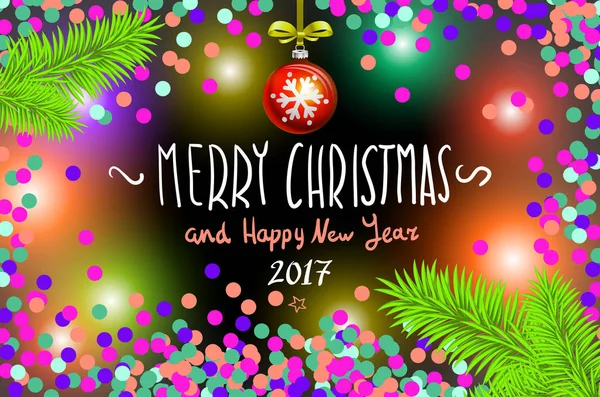 Corona de luces de Navidad de color brillante para el diseño de tarjetas de felicitación navideñas de Navidad. Feliz Navidad y Feliz Año Nuevo 2017, vector. confeti, una inscripción escrita a mano, bola de ramas de árbol — Archivo Imágenes Vectoriales
