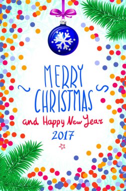 Neşeli Noel ve mutlu yeni yıl 2017 tebrik kartı, vektör çizim. Tablo, bir elle yazılmış kitabe neşeli Noel ve mutlu yeni yıl 2017, Noel ağacı dalı Noel b konfeti