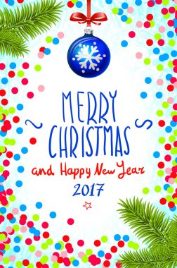 Neşeli Noel ve mutlu yeni yıl 2017 tebrik kartı, vektör çizim. Tablo, bir elle yazılmış kitabe neşeli Noel ve mutlu yeni yıl 2017, Noel ağacı dalı Noel b konfeti