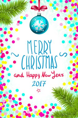 Neşeli Noel ve mutlu yeni yıl 2017 tebrik kartı, vektör çizim. Tablo, bir elle yazılmış kitabe neşeli Noel ve mutlu yeni yıl 2017, Noel ağacı dalı Noel b konfeti