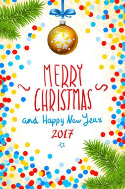 Neşeli Noel ve mutlu yeni yıl 2017 tebrik kartı, vektör çizim. Tablo, bir elle yazılmış kitabe neşeli Noel ve mutlu yeni yıl 2017, Noel ağacı dalı Noel b konfeti