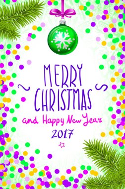 Neşeli Noel ve mutlu yeni yıl 2017 tebrik kartı, vektör çizim. Tablo, bir elle yazılmış kitabe neşeli Noel ve mutlu yeni yıl 2017, Noel ağacı dalı Noel b konfeti