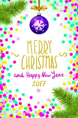 Neşeli Noel ve mutlu yeni yıl 2017 tebrik kartı, vektör çizim. Tablo, bir elle yazılmış kitabe neşeli Noel ve mutlu yeni yıl 2017, Noel ağacı dalı Noel b konfeti
