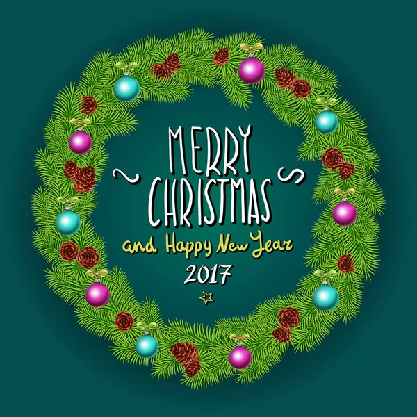 Merry Christmas And Happy New Year 2017 Vintage Background With Typography White card with Christmas wreath. Vector illustration. — Stock Vector