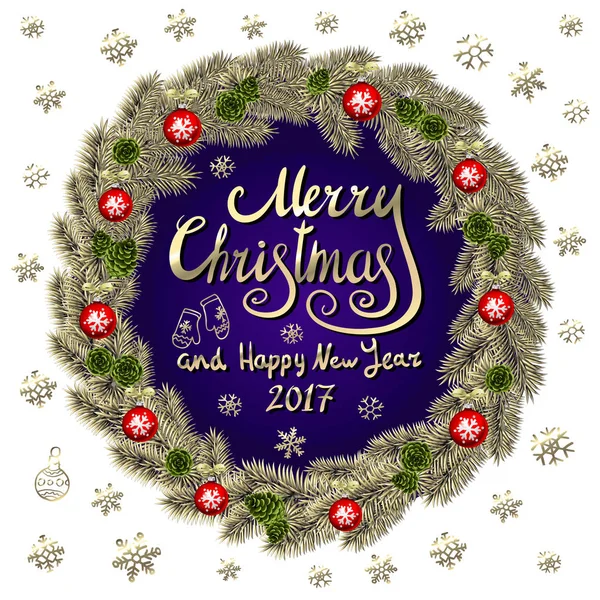 Feliz Natal e Feliz Ano Novo 2017 Fundo violeta vintage com cartão de tipografia com coroa de Natal de ouro. Ilustração vetorial . — Vetor de Stock