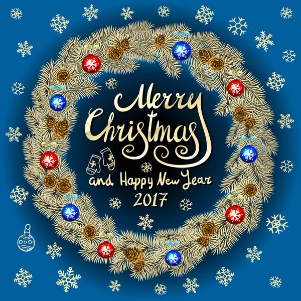 Feliz Navidad y Feliz Año Nuevo 2017 Vintage fondo azul con tipografía tarjeta con corona de Navidad de oro. Ilustración vectorial . — Archivo Imágenes Vectoriales