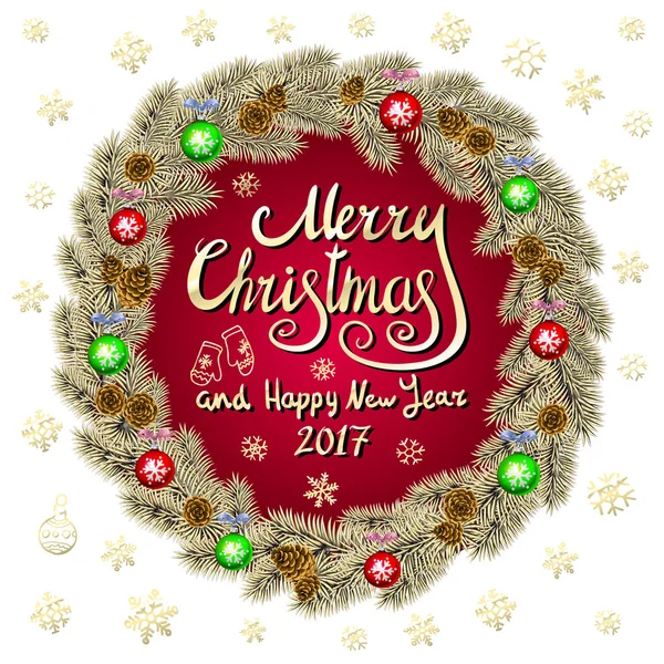 Feliz Natal e Feliz Ano Novo 2017 Vintage vermelho Fundo verde com cartão de tipografia com coroa de Natal de ouro. Ilustração vetorial . — Vetor de Stock