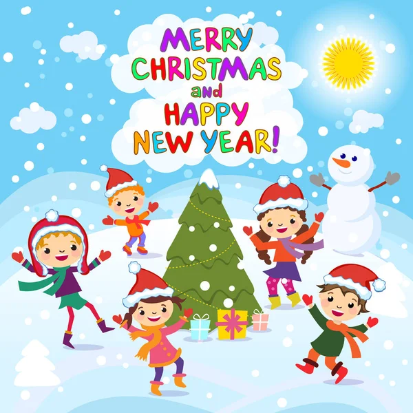 Feliz Navidad y Feliz Año Nuevo. 2017. Diversión invernal. Niños alegres jugando en la nieve. Stock vector ilustración de un grupo de niños felices en rojo Santa sombrero y jugando cerca — Vector de stock