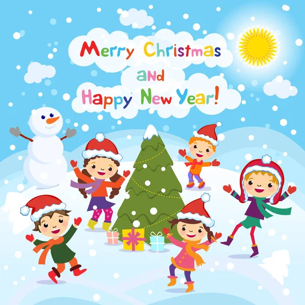 Feliz Navidad y Feliz Año Nuevo. 2017. Diversión invernal. Niños alegres jugando en la nieve. Stock vector ilustración de un grupo de niños felices en rojo Santa navidad sombrero vector ilustración y playi — Vector de stock