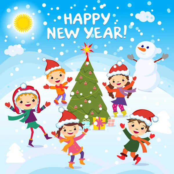 Ευτυχισμένος ο καινούριος χρόνος. 2017. χειμερινή διασκέδαση. Χαρούμενα παιδιά που παίζουν στο χιόνι. Εικονογράφηση διάνυσμα απόθεμα από μια ομάδα ευτυχισμένα παιδιά με κόκκινο καπέλο Santa και παίζει κοντά — Διανυσματικό Αρχείο
