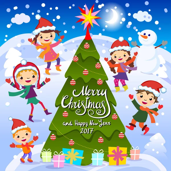 メリー クリスマスと新年あけましておめでとうございます。2017。 冬の楽しみ。陽気な雪の中で遊ぶ子供たち。赤いサンタ帽子と付近で遊んで幸せな子供たちのグループの株式ベクトル図 — ストックベクタ