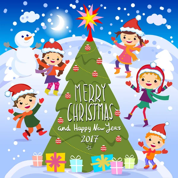 Mutlu Noeller ve mutlu yeni yıl. 2017. kış eğlenceli. Karda oynayan neşeli çocuklar. Mutlu çocuk kırmızı Santa şapka ve yakın oynayan bir grup hisse senedi vektör çizim — Stok Vektör