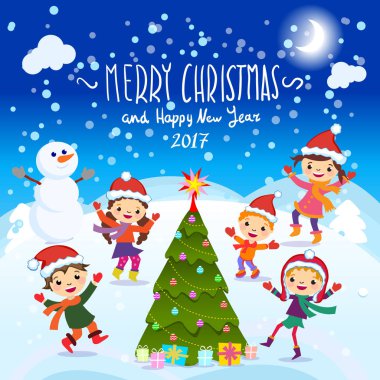 Mutlu Noeller ve mutlu yeni yıl. 2017. kış eğlenceli. Karda oynayan neşeli çocuklar. Mutlu çocuk kırmızı Santa şapka ve yakın oynayan bir grup hisse senedi vektör çizim