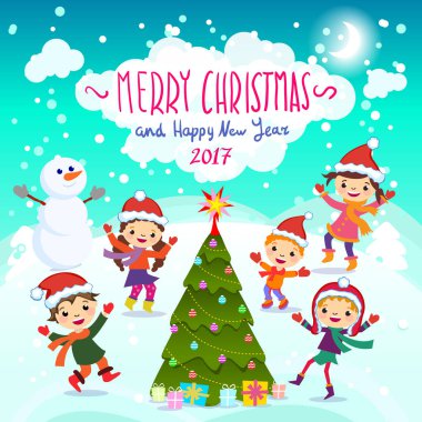 Mutlu Noeller ve mutlu yeni yıl. 2017. kış eğlenceli. Karda oynayan neşeli çocuklar. Mutlu çocuk kırmızı Santa şapka ve yakın oynayan bir grup hisse senedi vektör çizim