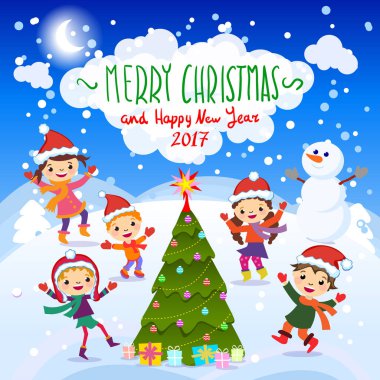 Mutlu Noeller ve mutlu yeni yıl. 2017. kış eğlenceli. Karda oynayan neşeli çocuklar. Mutlu çocuk kırmızı Santa şapka ve yakın oynayan bir grup hisse senedi vektör çizim