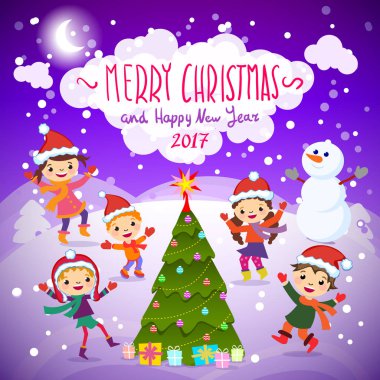 Mutlu Noeller ve mutlu yeni yıl. 2017. kış eğlenceli. Karda oynayan neşeli çocuklar. Mutlu çocuk kırmızı Santa şapka ve yakın oynayan bir grup hisse senedi vektör çizim
