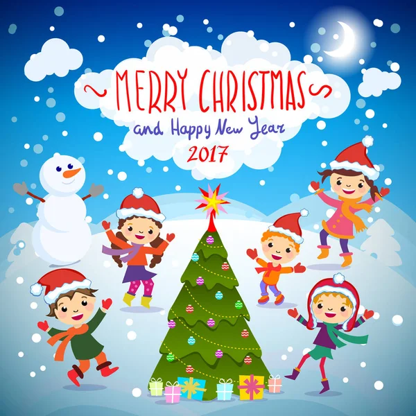 メリー クリスマスと新年あけましておめでとうございます。2017。 冬の楽しみ。陽気な雪の中で遊ぶ子供たち。赤いサンタ帽子と付近で遊んで幸せな子供たちのグループの株式ベクトル図 — ストックベクタ