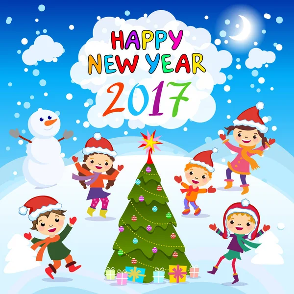 Happy New Year. 2017. Winter fun. Cheerful kids playing in the snow. Stock vector illustration of a group of happy children in red Santa hat and playing near art — Stock Vector
